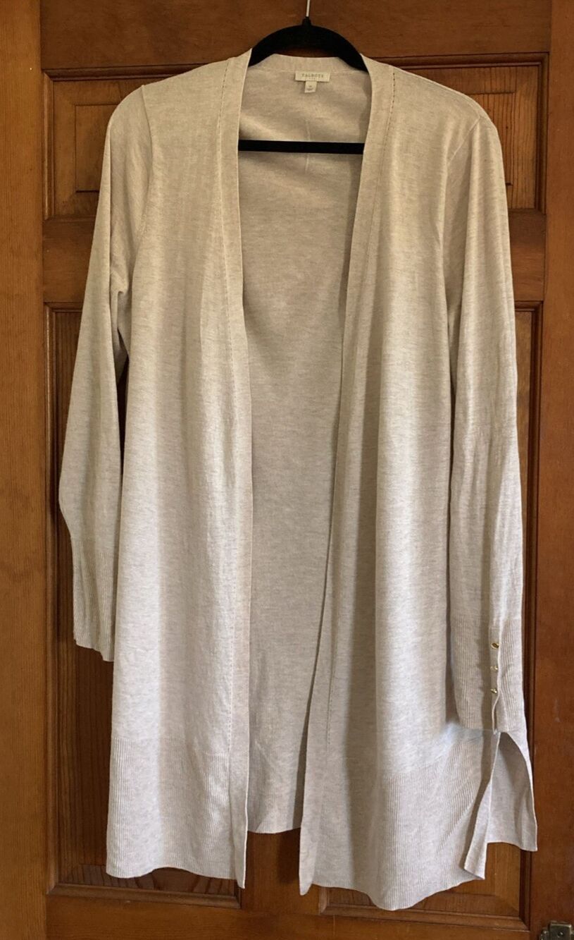 Talbots Womens M Cardigan Oatmeal Heather Open Front Gold Button Cuffs Slit Soft